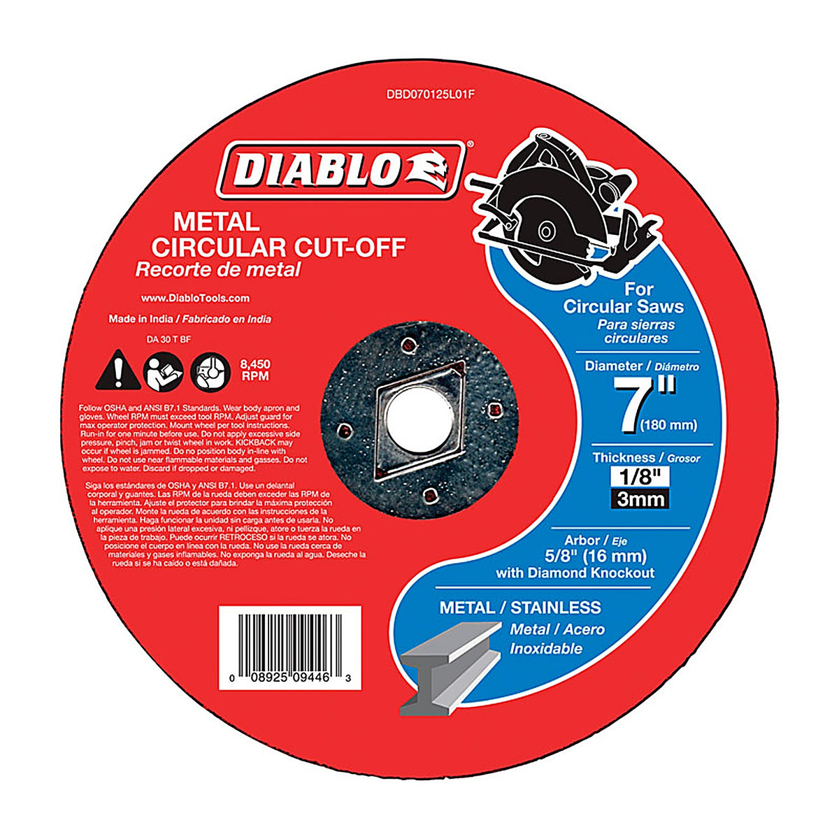 Diablo - DBD070125L01F - 7 in. D X 5/8 in. S Aluminum Oxide Metal Circular Cut-Off Disc 1 pk