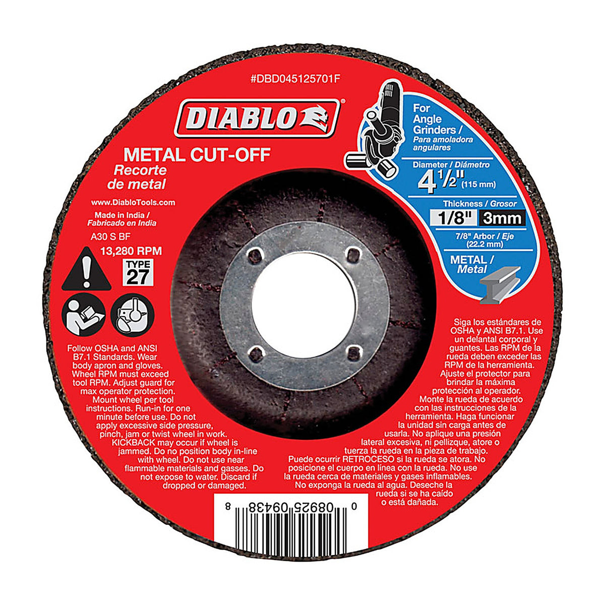 Diablo - DBD045125701F - 4-1/2 in. D X 7/8 in. S Aluminum Oxide Metal Cut-Off Disc 1 pk