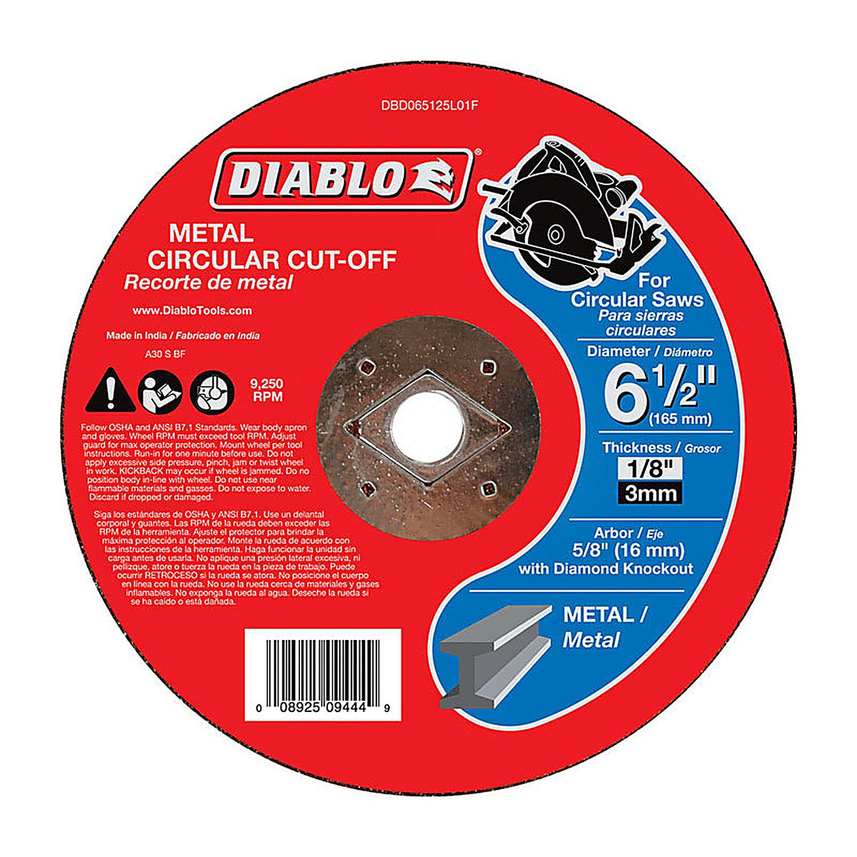 Diablo - DBD065125L01F - 6-1/2 in. D X 5/8 in. S Aluminum Oxide Metal Circular Cut-Off Disc 1 pk