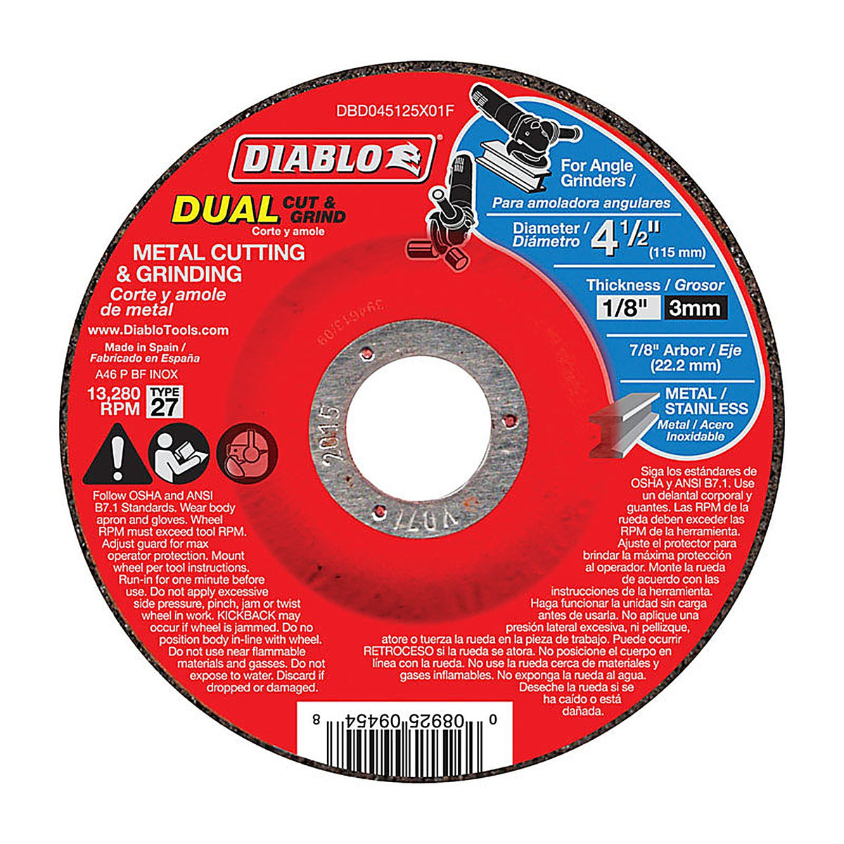 Diablo - DBD045125X01F - 4-1/2 in. D X 7/8 in. S Aluminum Oxide Metal Dual Cut and Grind Disc 1 pk