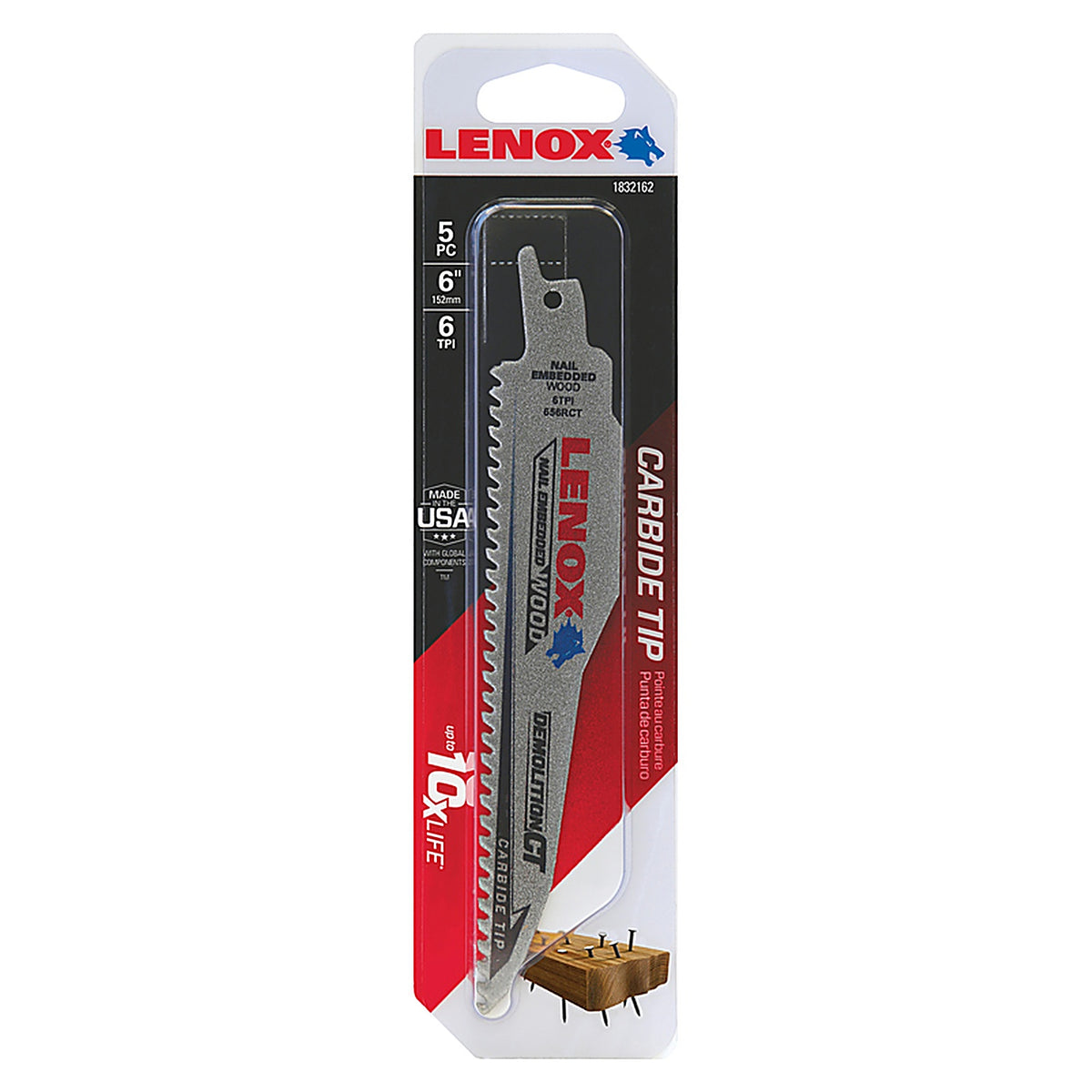 Lenox - 1832162 - Demolition CT 6 in. Carbide Tipped Reciprocating Saw Blade 6 TPI 5 pk