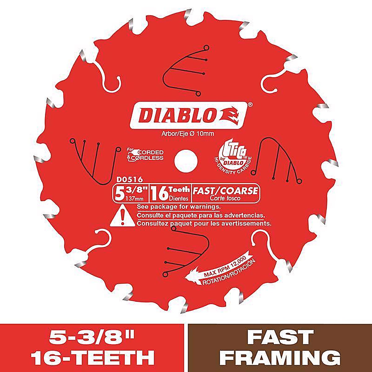 Diablo - D0516X - 5-3/8 in. D X 10 mm S Cordless Trim Carbide Tip Circular Saw Blade 16 teeth 1 pc