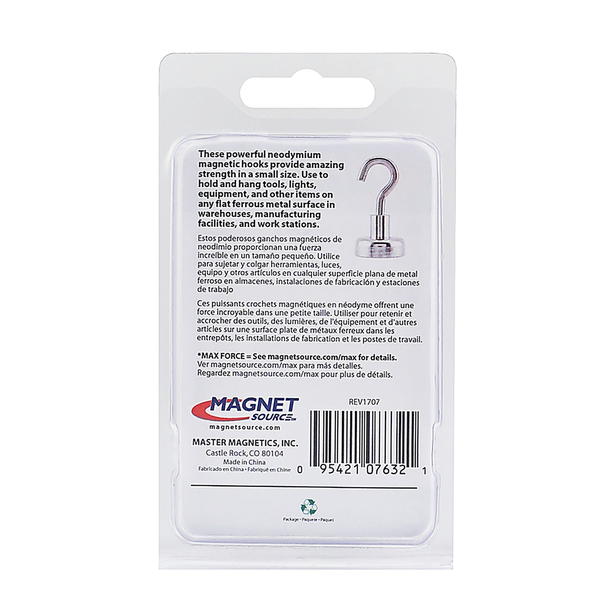 Master Magnetics - 7632 - 1.4 in. Neodymium Magnetic Hook 28 lb. pull 42 MGOe Silver 2/pc.