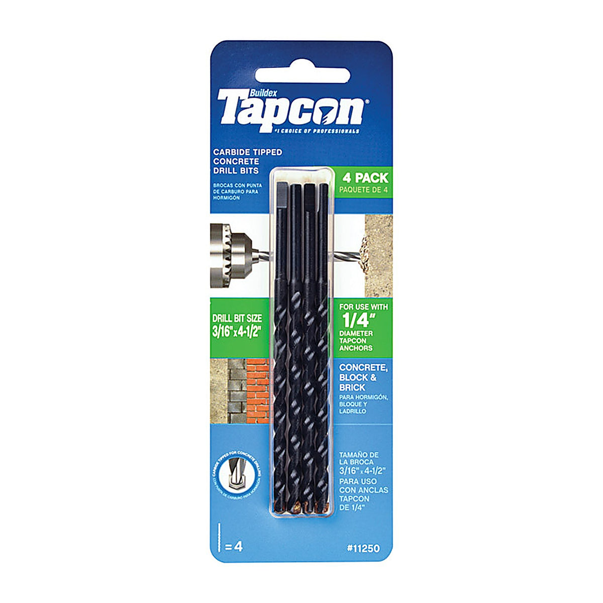 Tapcon - 11250 - 3/16 in. X 4-1/2 in. L Carbide Tipped Concrete Masonry Drill Bit Set Straight Shank 4 pk
