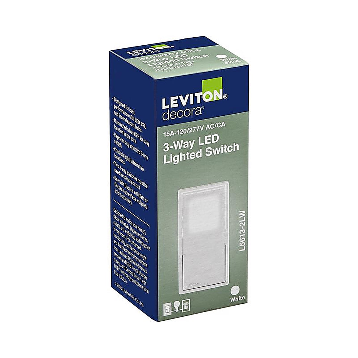 Leviton - L5613-2LW - Decora 15 amps Three Pole Rocker 3-Way Illuminated Switch White 1 pk
