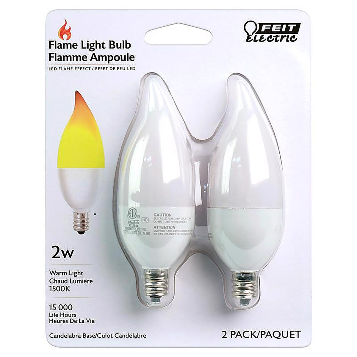 Feit - BPFLAME/C/LED/2 - LED CA10 (Flame Tip) E12 (Candelabra) LED Flame Bulb Warm White 2 Watt Equivalence 2 pk