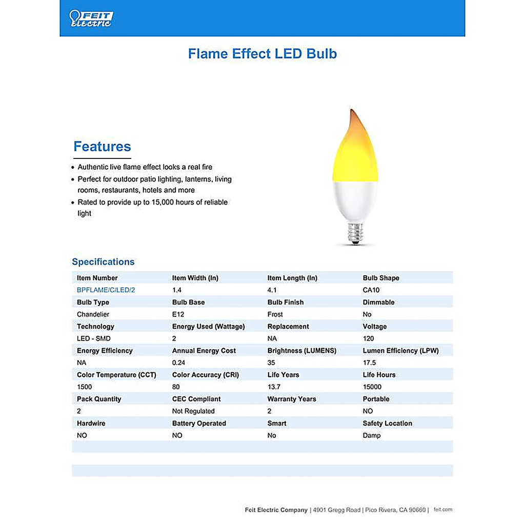Feit - BPFLAME/C/LED/2 - LED CA10 (Flame Tip) E12 (Candelabra) LED Flame Bulb Warm White 2 Watt Equivalence 2 pk