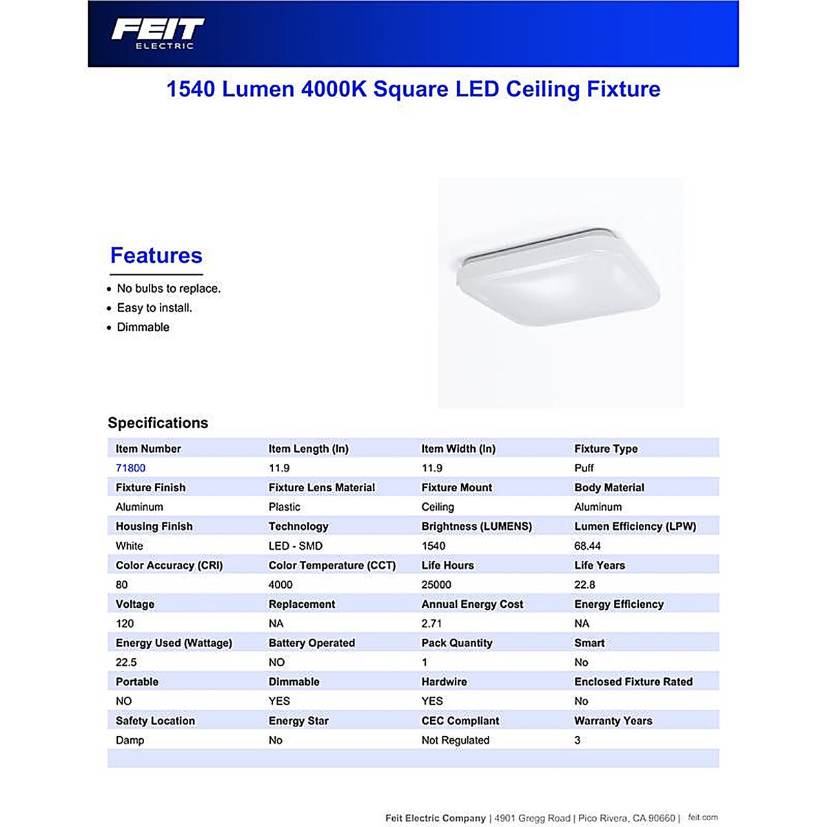 Feit Electric - 71800 - 3.5 in. H X 12 in. W X 12 in. L White LED Ceiling Light Fixture