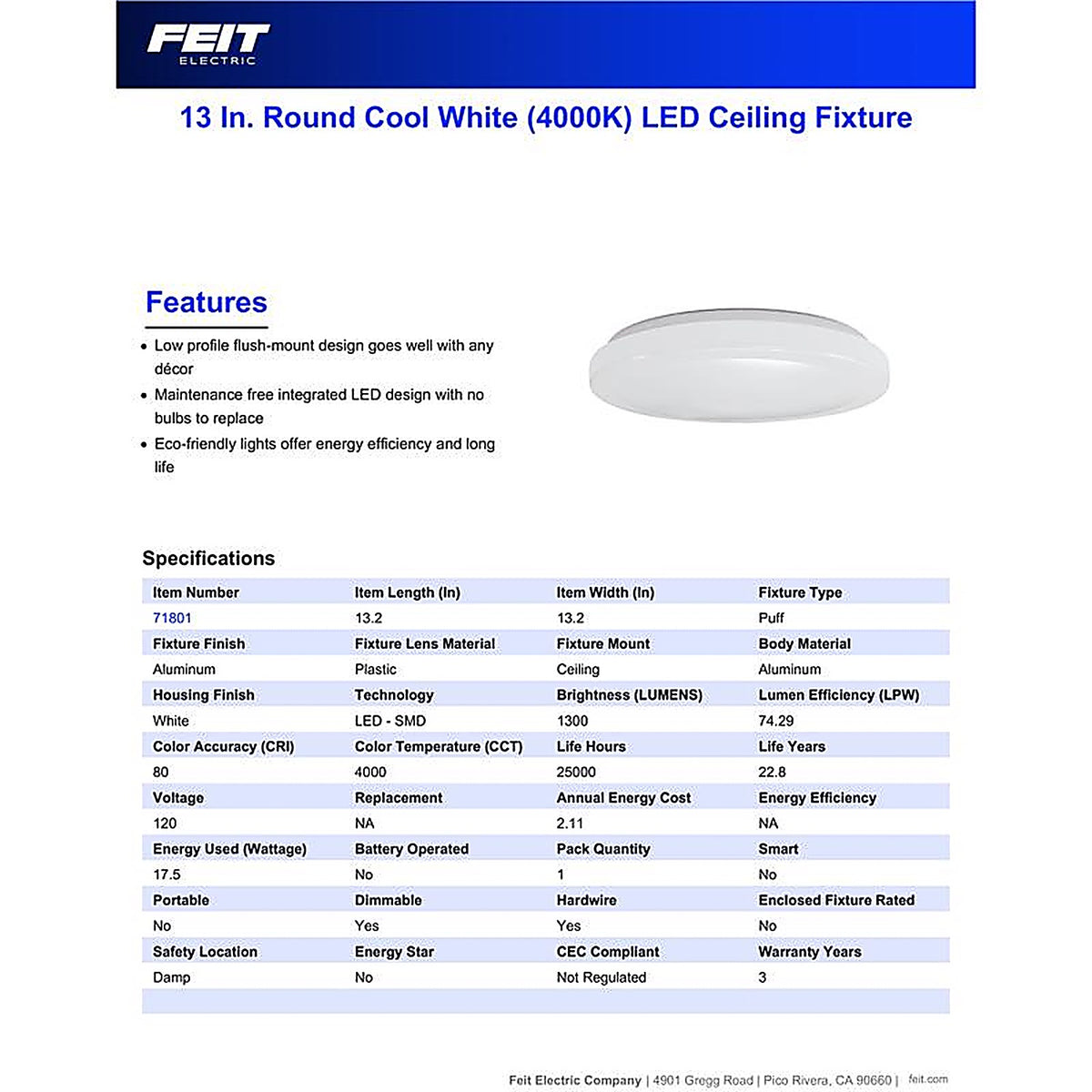 Feit Electric - 71801 - 13 in. H X 13 in. W X 3.8 in. L White LED Ceiling Light Fixture