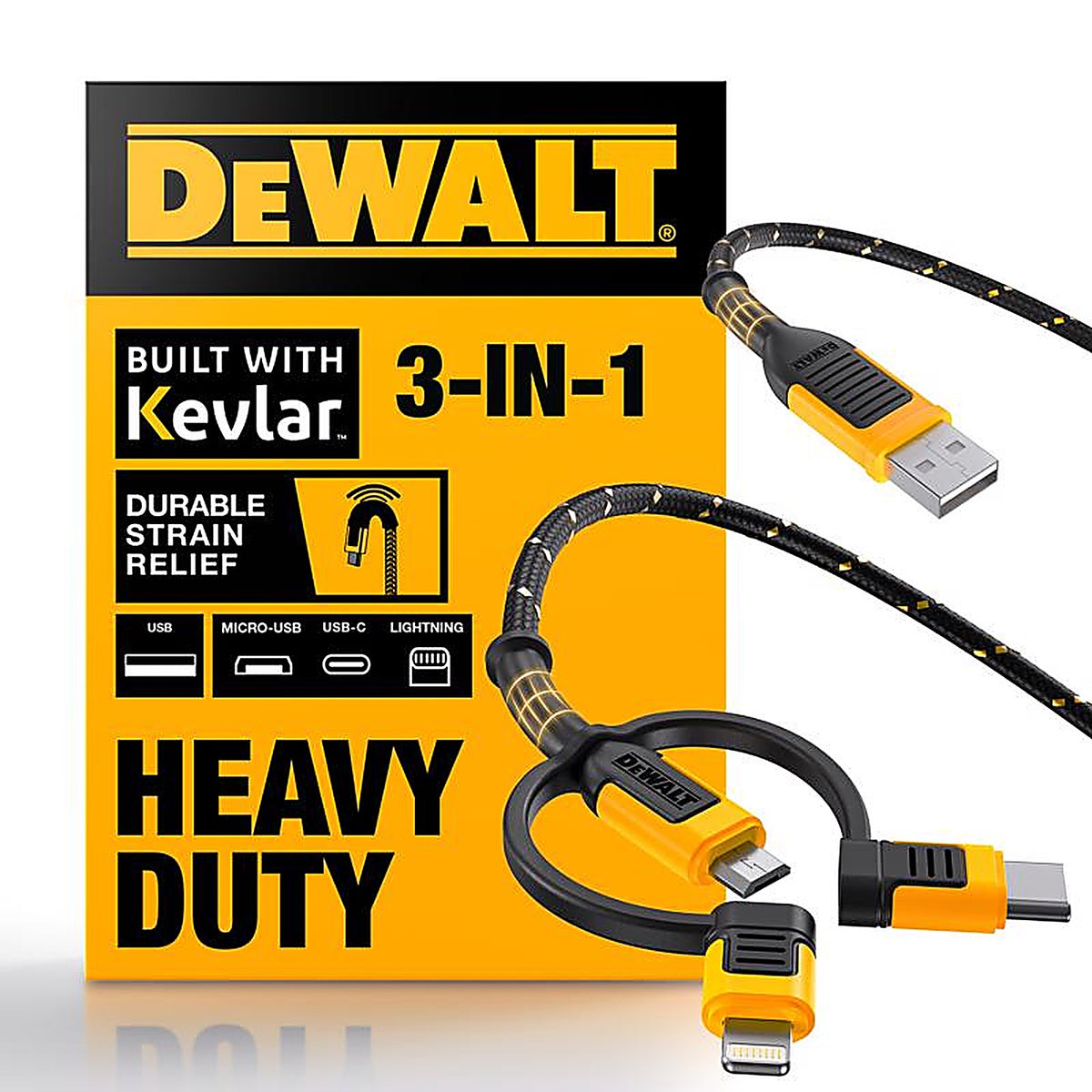 DeWalt - 131 1356 DW2 - Lightning, Type C and Micro USB 3-in-1 Cable 6 ft. Black/Yellow