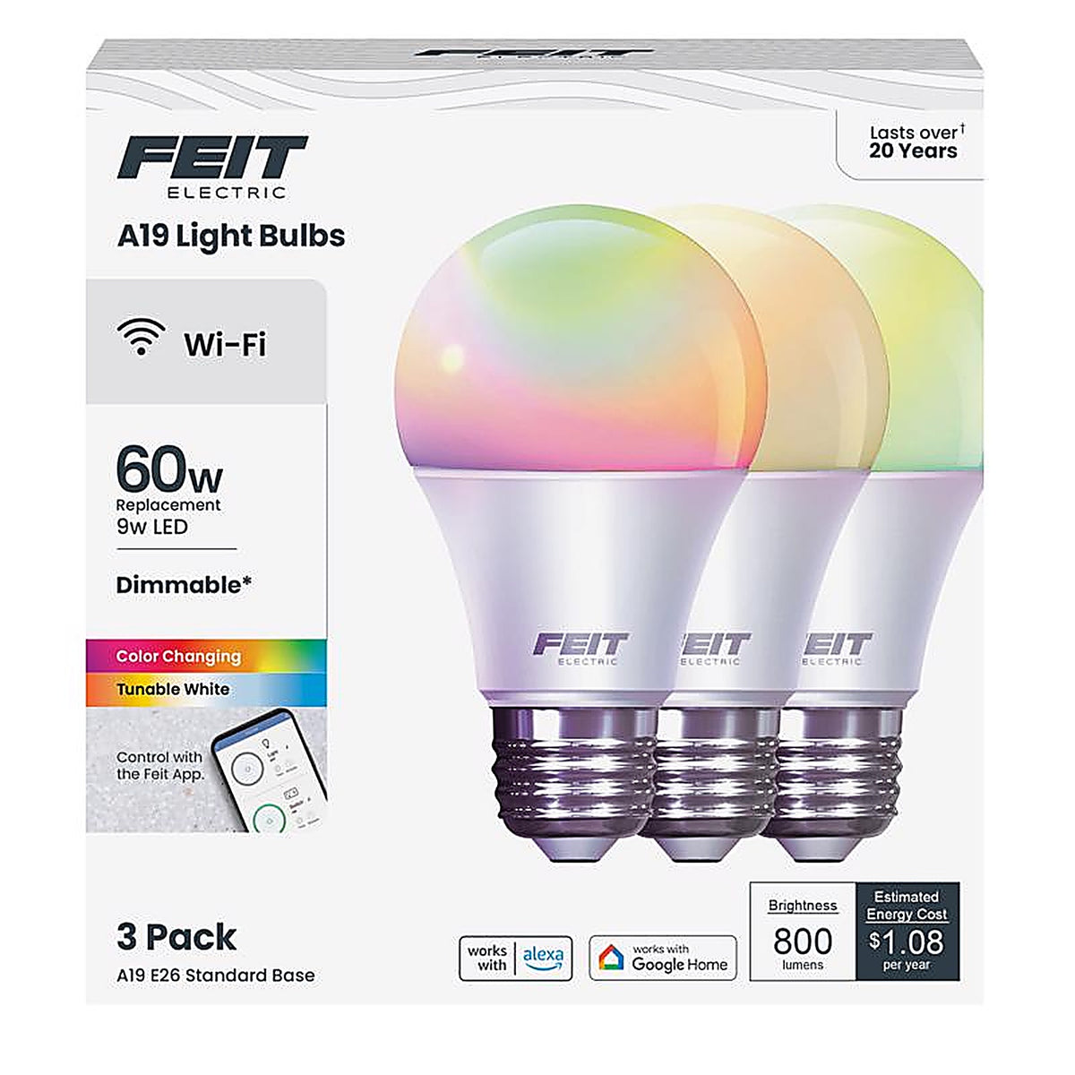 Feit Electric - OM60RGBWCAAG3 - A19 E26 (Medium) LED Smart WiFi Bulb Color Changing 60 W 3 pk