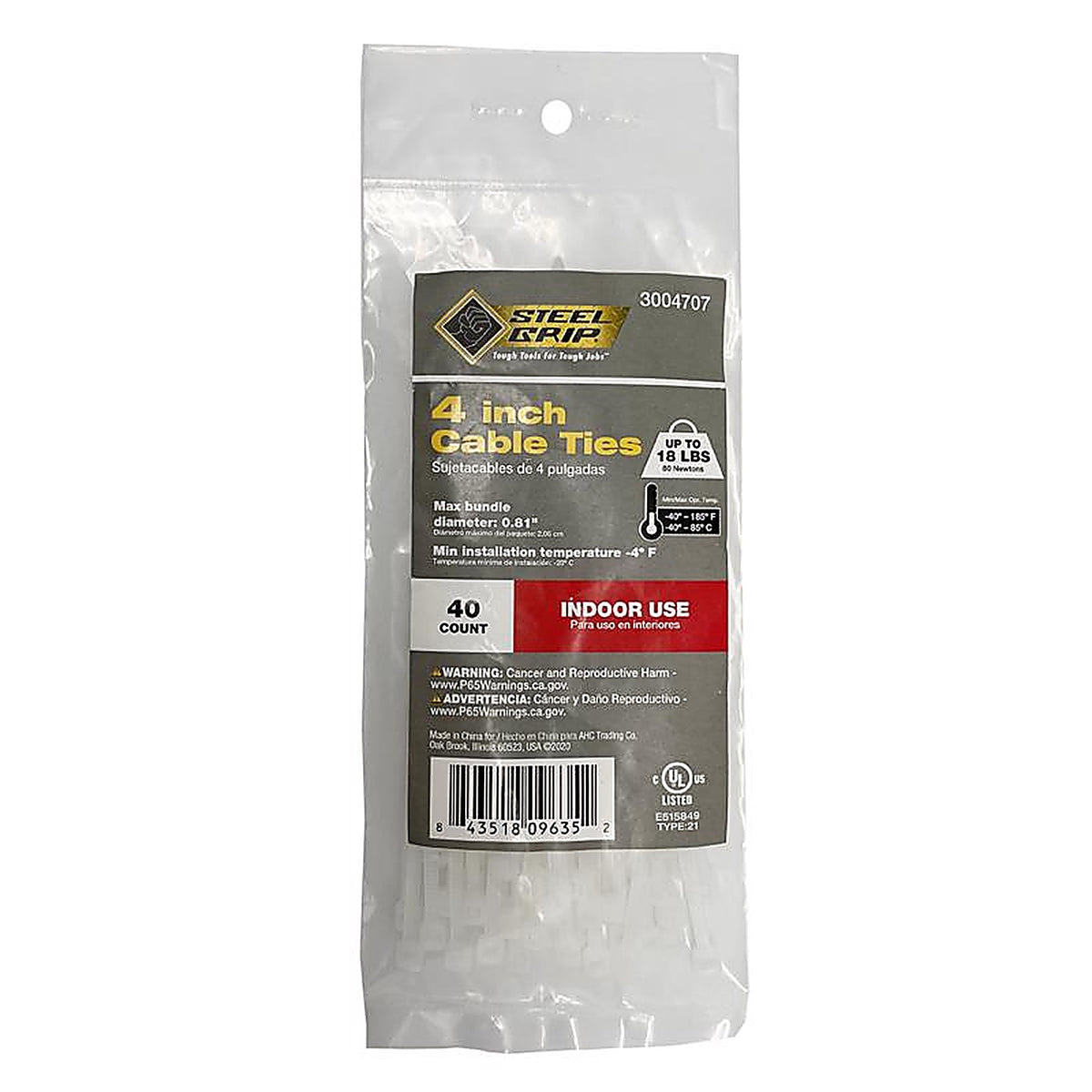 Steel Grip - M-100-4-N40 - 4 in. L White Cable Tie - 40/Pack