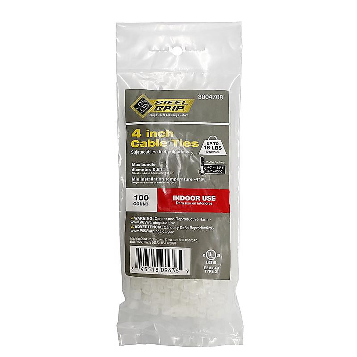Steel Grip - M-100-4-NC - 4 in. L White Cable Tie - 100/Pack