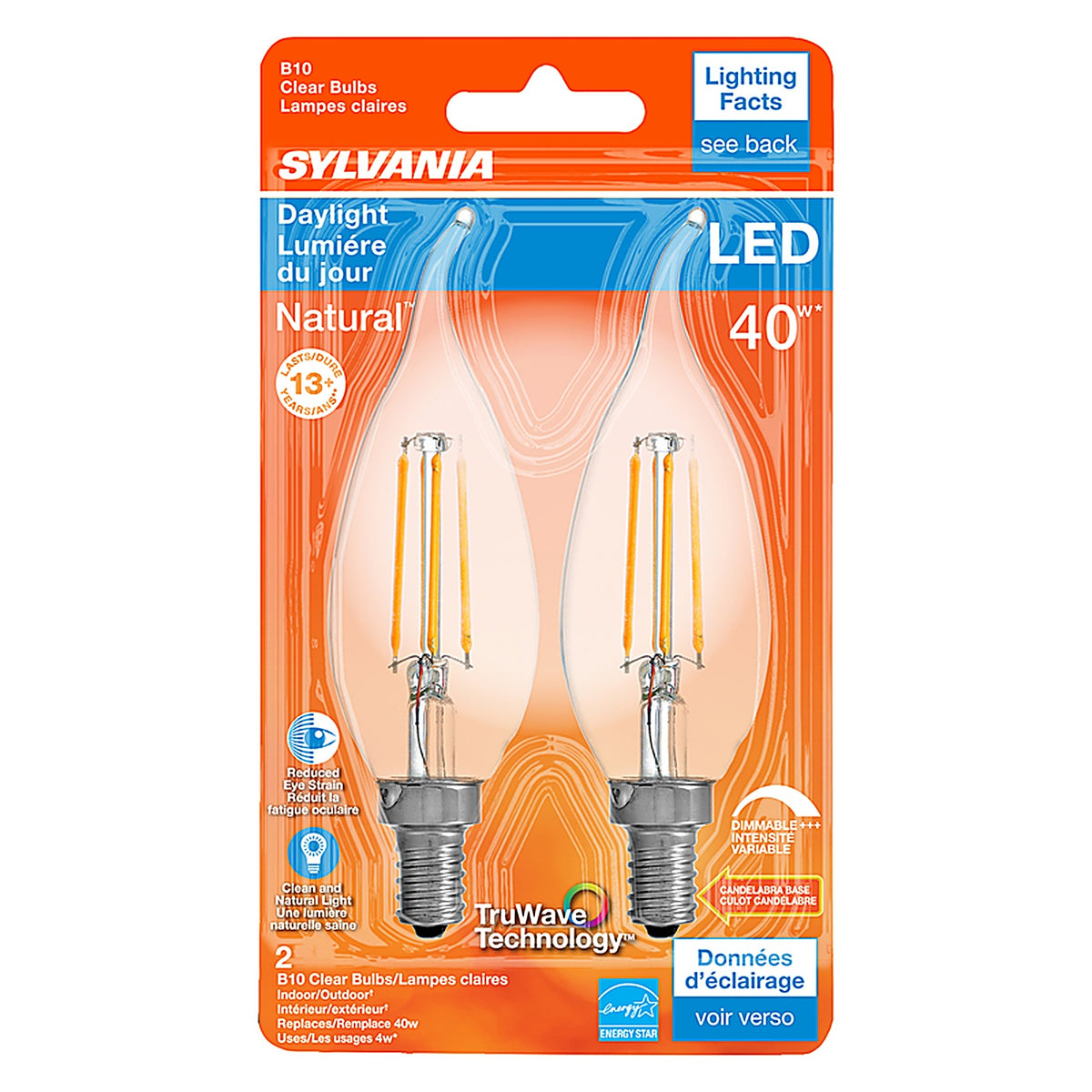 Sylvania - 40791 - Natural B10 E12 (Candelabra) LED Bulb Daylight 40 W 2 pk