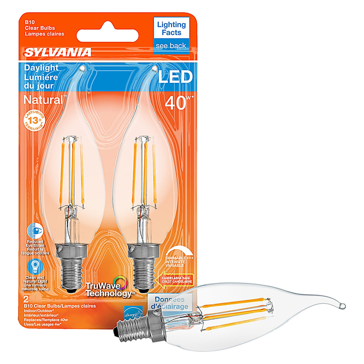 Sylvania - 40791 - Natural B10 E12 (Candelabra) LED Bulb Daylight 40 W 2 pk