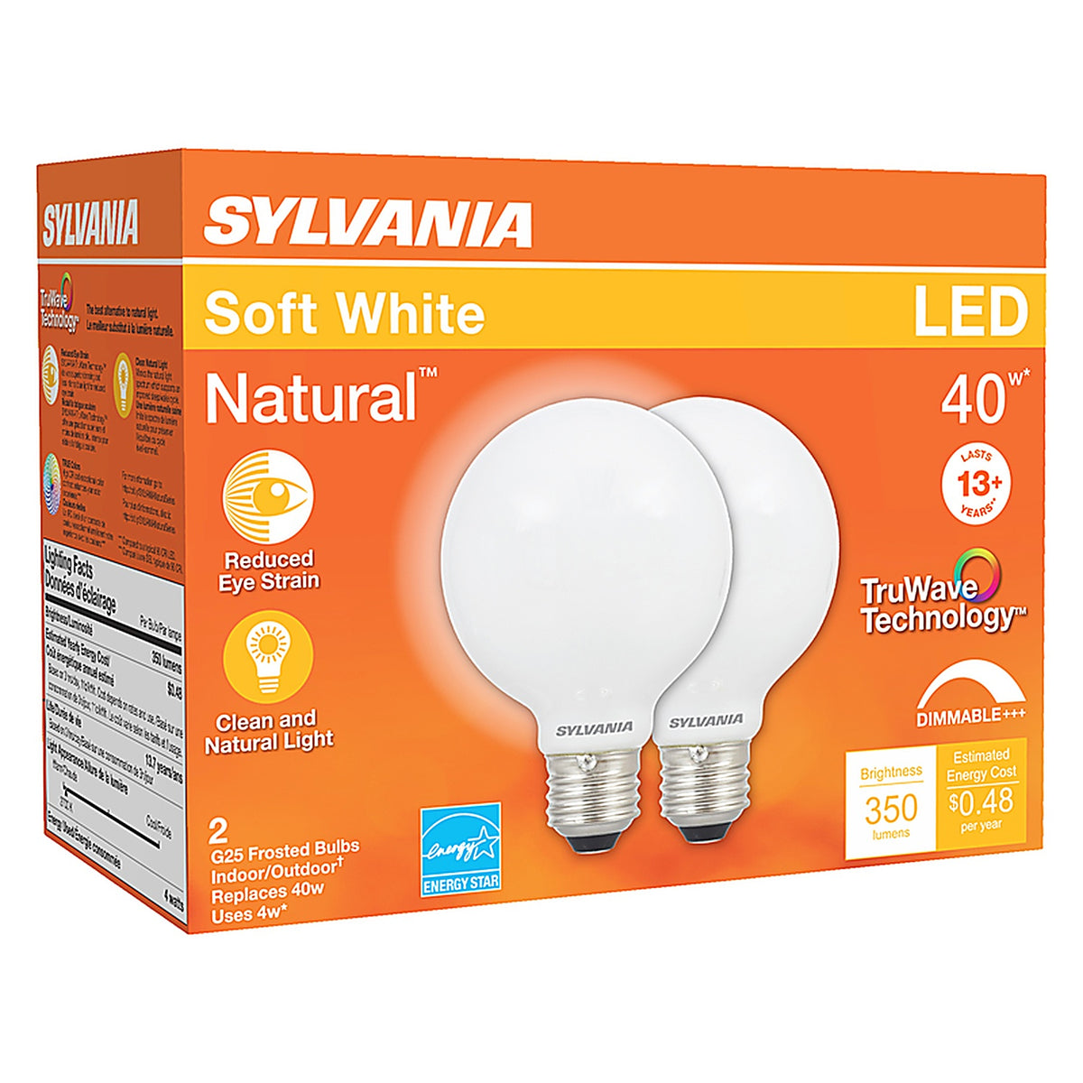 Sylvania - 40765 - Natural G25 E26 (Medium) LED Bulb Soft White 40 W 2 pk