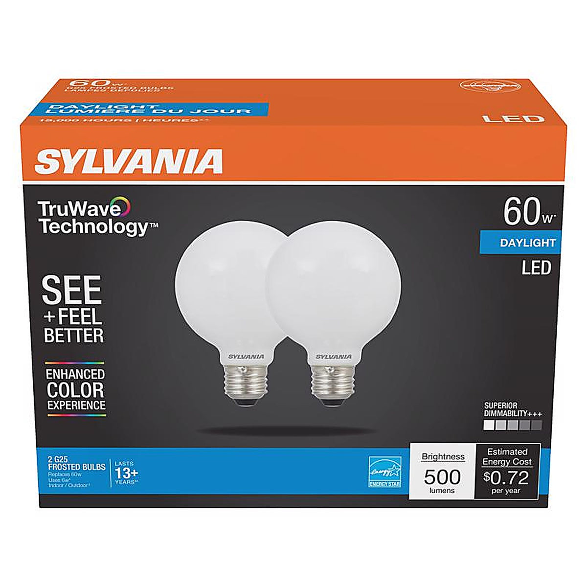 Sylvania - 40768 - Natural G25 E26 (Medium) LED Bulb Daylight 60 W 2 pk