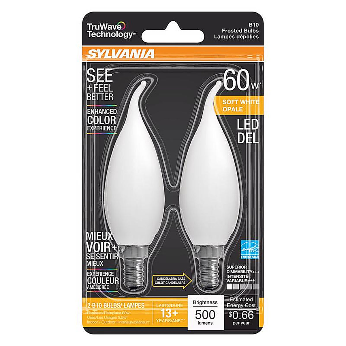 Sylvania - 40781 - Natural B10 E12 (Candelabra) LED Bulb Soft White 60 W 2 pk