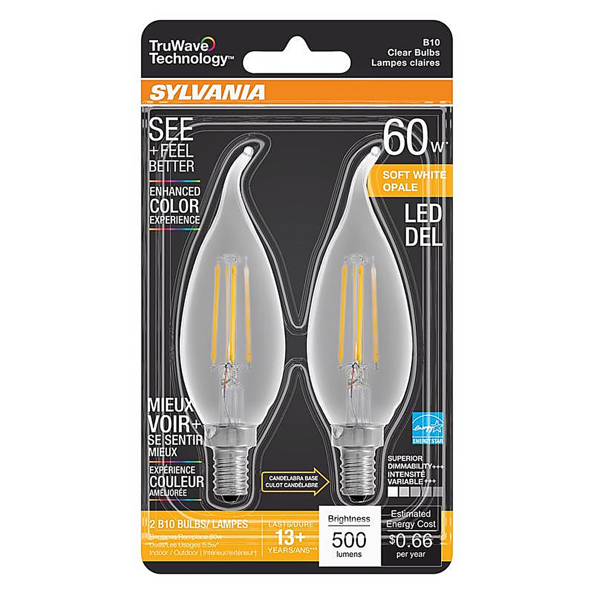 Sylvania - 40757 - Natural B10 E12 (Candelabra) LED Bulb Soft White 60 W 2 pk