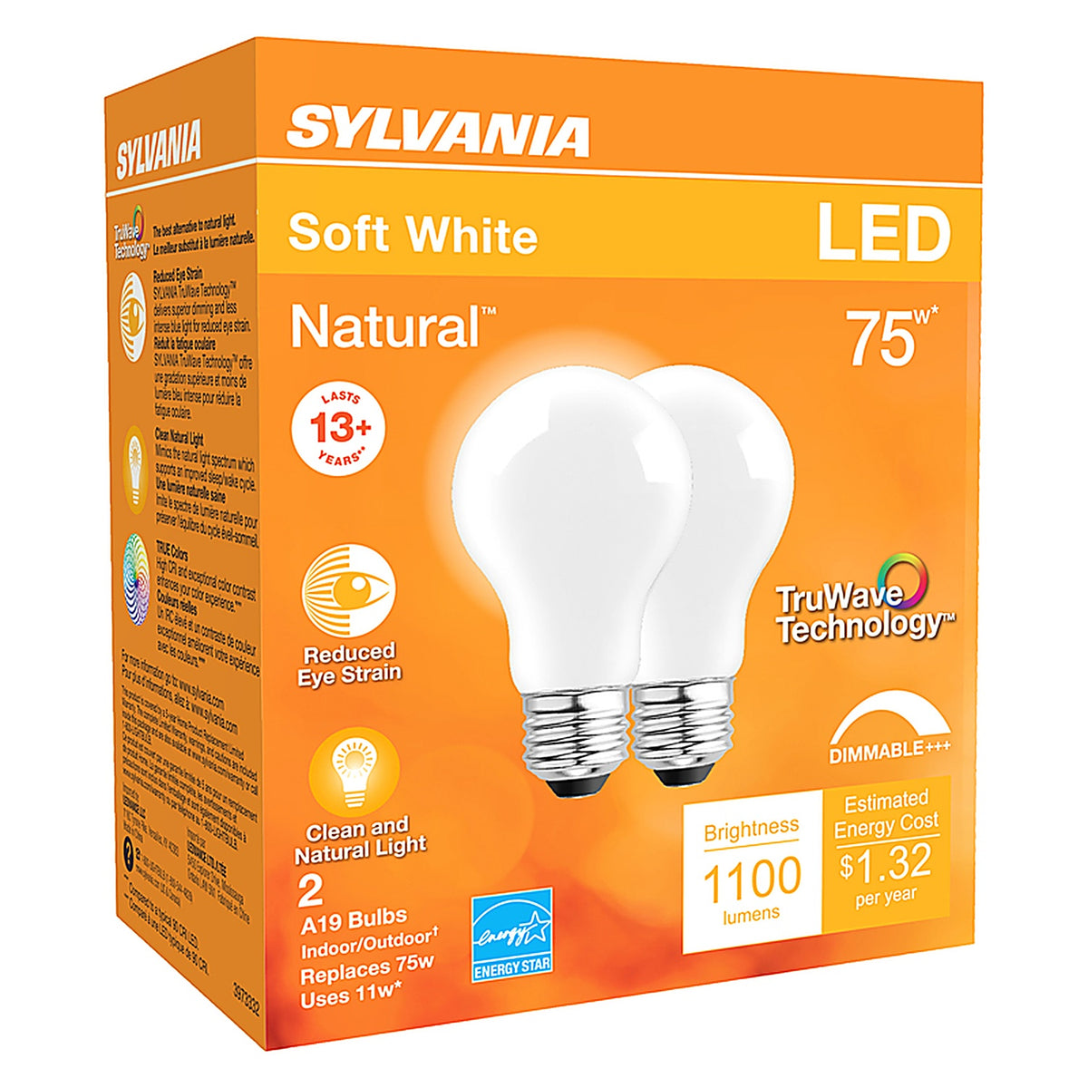 Sylvania - 40750 - Natural A19 E26 (Medium) LED Bulb Soft White 75 Watt Equivalence 2 pk