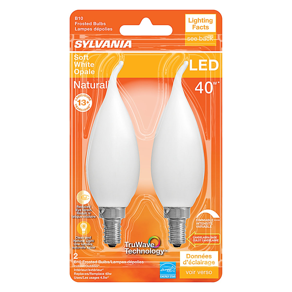 Sylvania - 40779 - Natural B10 E12 (Candelabra) LED Bulb Soft White 40 W 2 pk