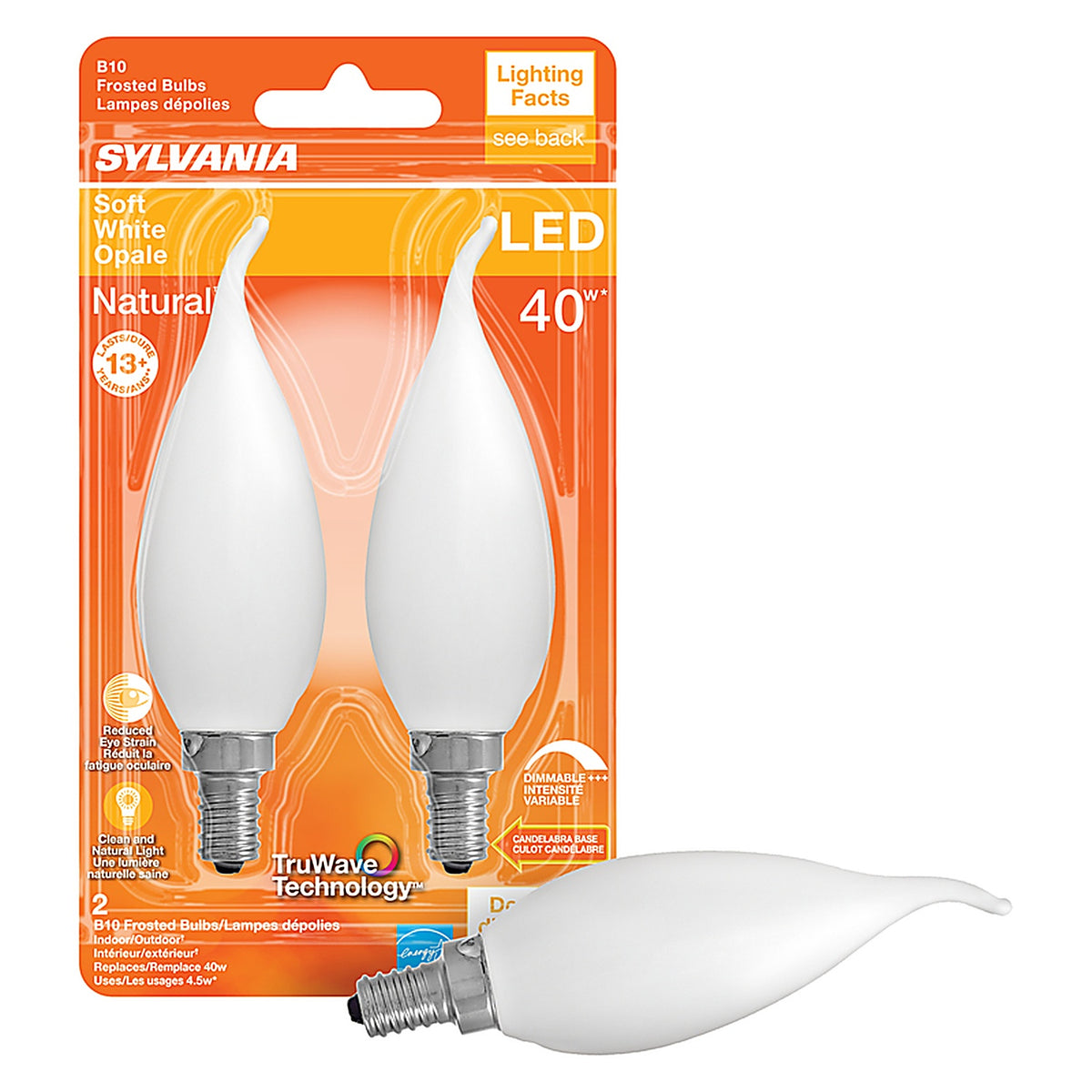 Sylvania - 40779 - Natural B10 E12 (Candelabra) LED Bulb Soft White 40 W 2 pk