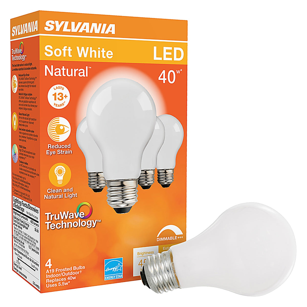 Sylvania - 40668 - Natural A19 E26 (Medium) LED Bulb Soft White 40 W 4 pk