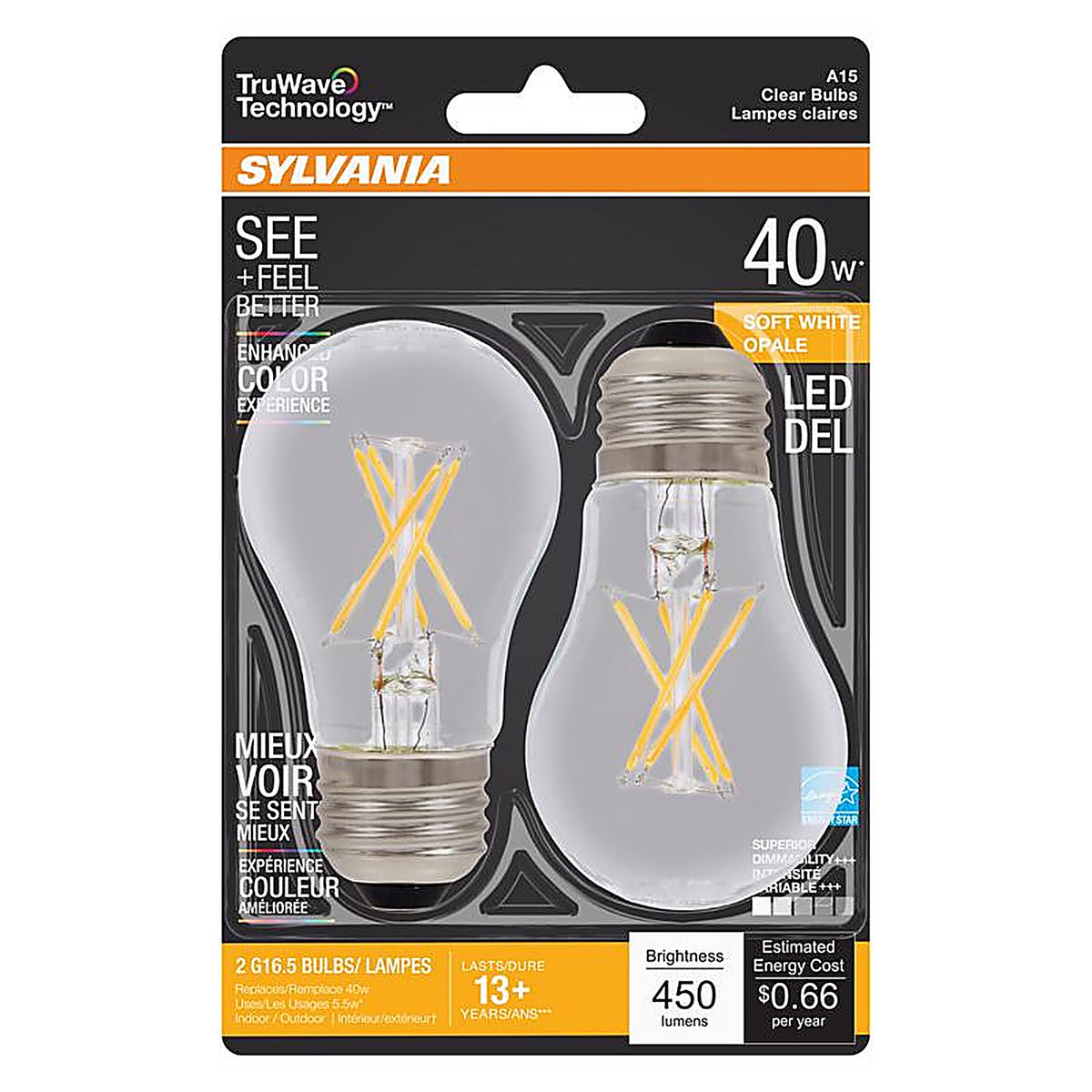 Sylvania - 40761 - Natural A15 E26 (Medium) LED Bulb Soft White 40 W 2 pk