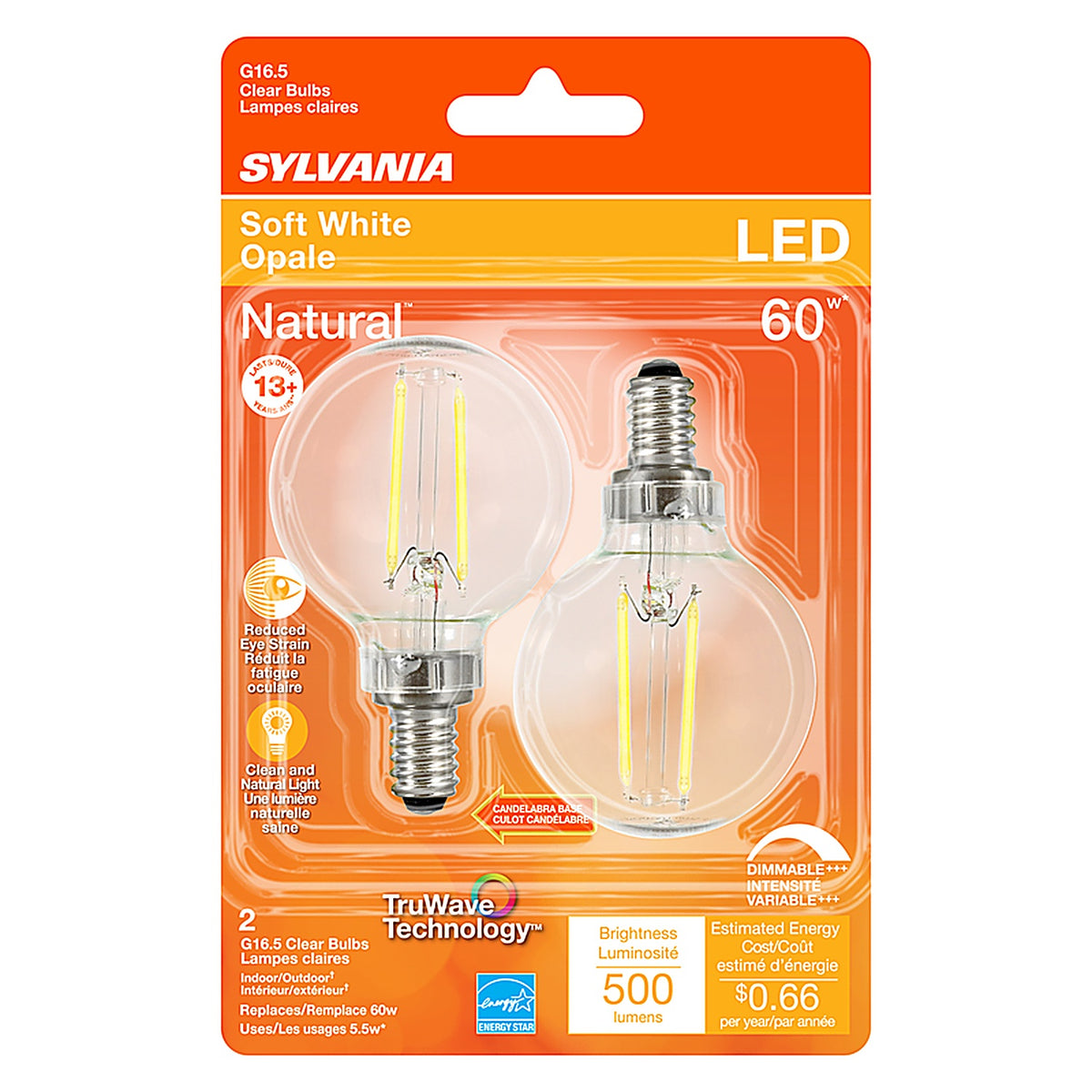 Sylvania - 40852 - Natural G16.5 E12 (Candelabra) LED Bulb Soft White 60 W 2 pk