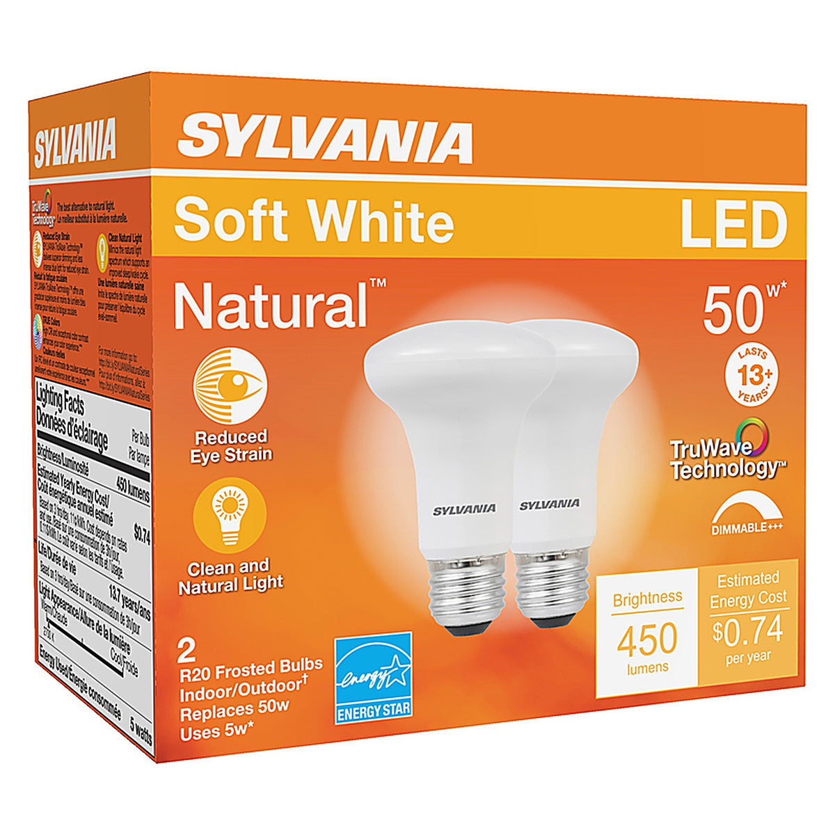 Sylvania - 40788 - Natural R20 E26 (Medium) LED Floodlight Bulb Soft White 50 W 2 pk