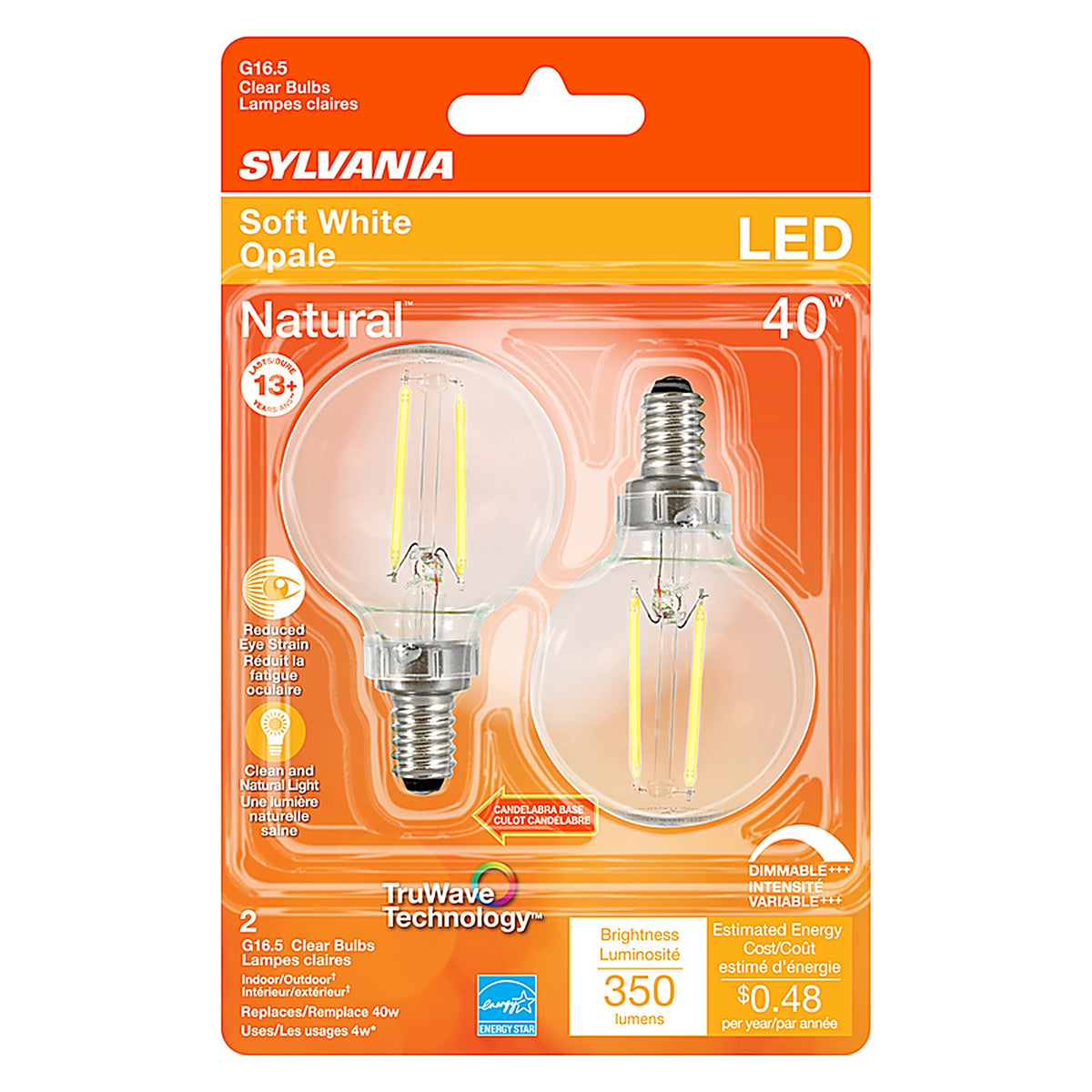Sylvania - 40784 - Natural G16.5 E12 (Candelabra) LED Bulb Soft White 40 W 2 pk