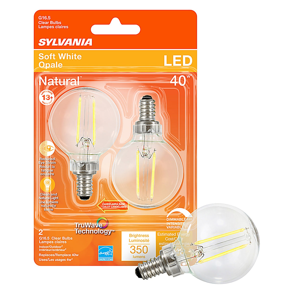 Sylvania - 40784 - Natural G16.5 E12 (Candelabra) LED Bulb Soft White 40 W 2 pk