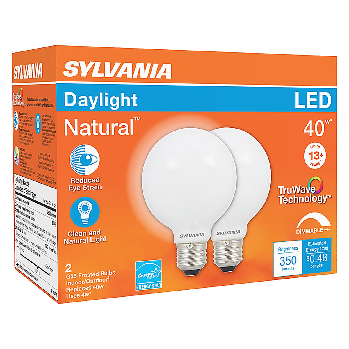 Sylvania - 40766 - Natural G25 E26 (Medium) LED Bulb Daylight 40 W 2 pk