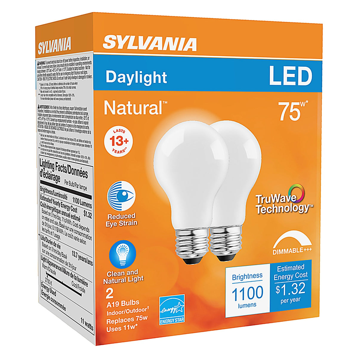 Sylvania - 40751 - Natural A19 E26 (Medium) LED Bulb Daylight 75 Watt Equivalence 2 pk
