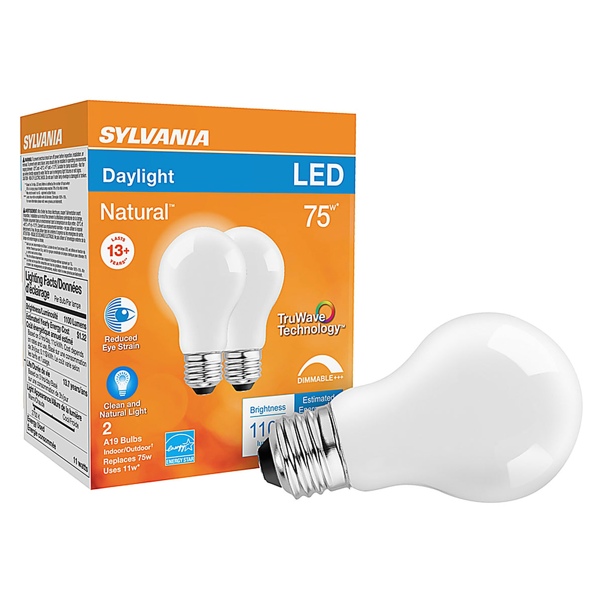 Sylvania - 40751 - Natural A19 E26 (Medium) LED Bulb Daylight 75 Watt Equivalence 2 pk