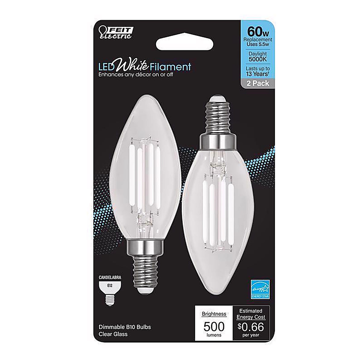 Feit Electric - BPCTC6050WFIL/2 - BA10 E12 (Candelabra) Filament LED Bulb Daylight 60 Watt Equivalence 2 pk