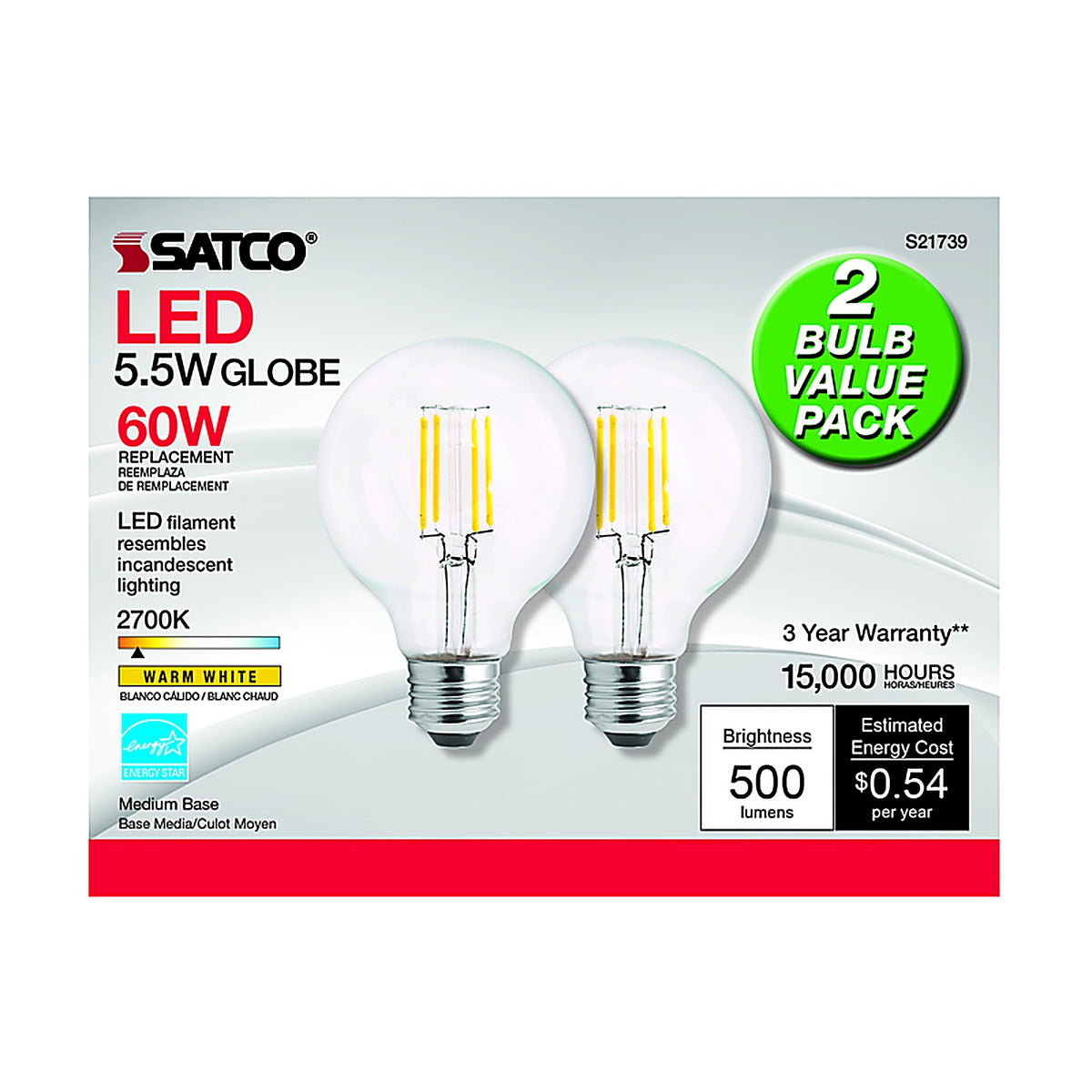 Satco - S21245 - G25 E26 (Medium) LED Bulb Warm White 60 Watt Equivalence 2 pk