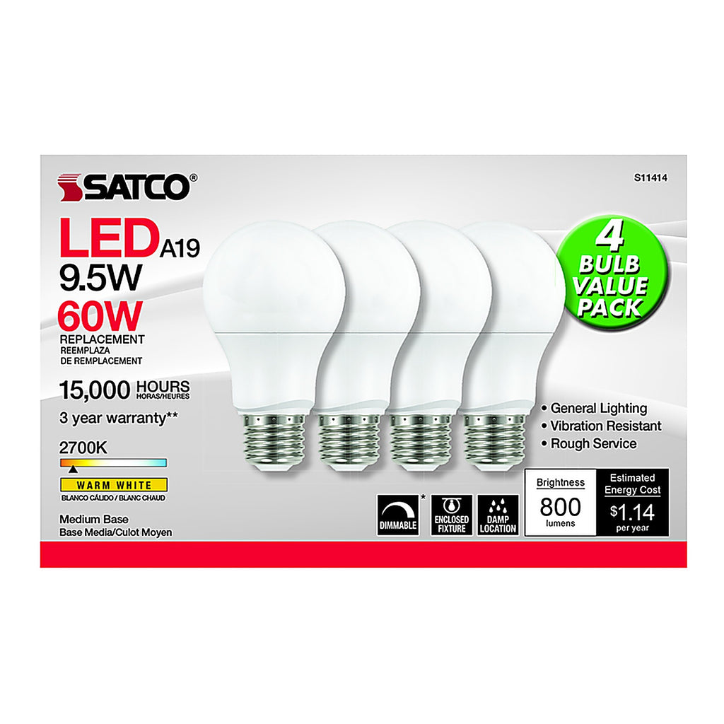 Satco - S11414 - A19 E26 (Medium) LED Bulb Warm White 60 Watt Equivalence 4 pk