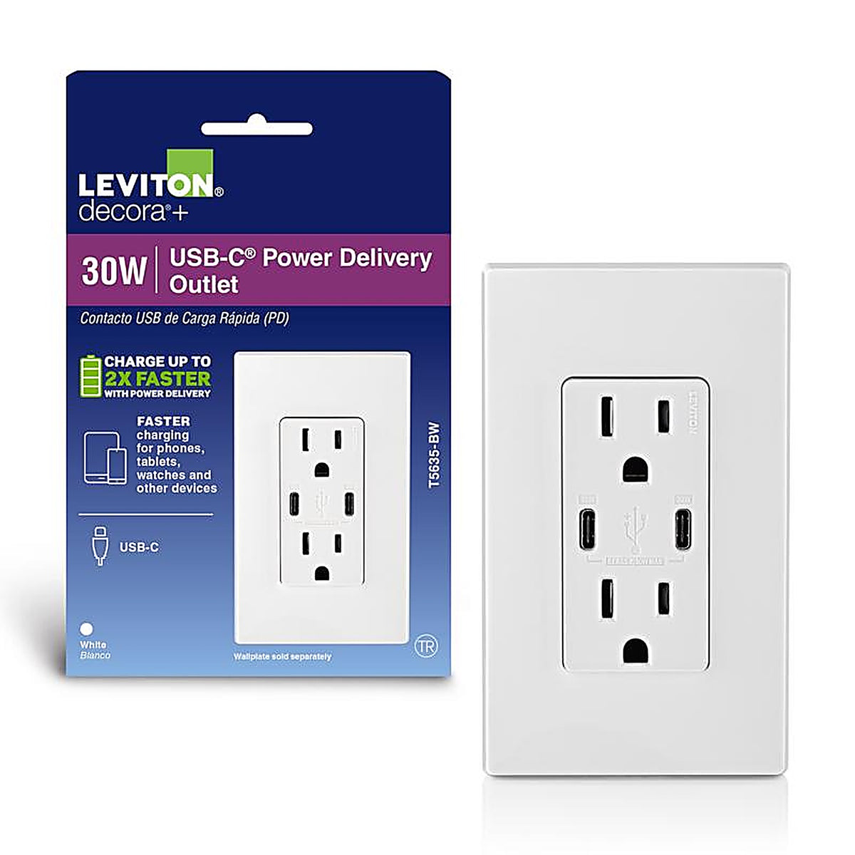 Leviton - R02-T5635-0BW - 15 amps 125 volt Duplex and Type C White Outlet and USB Charger 5-15 R - 1/Pack