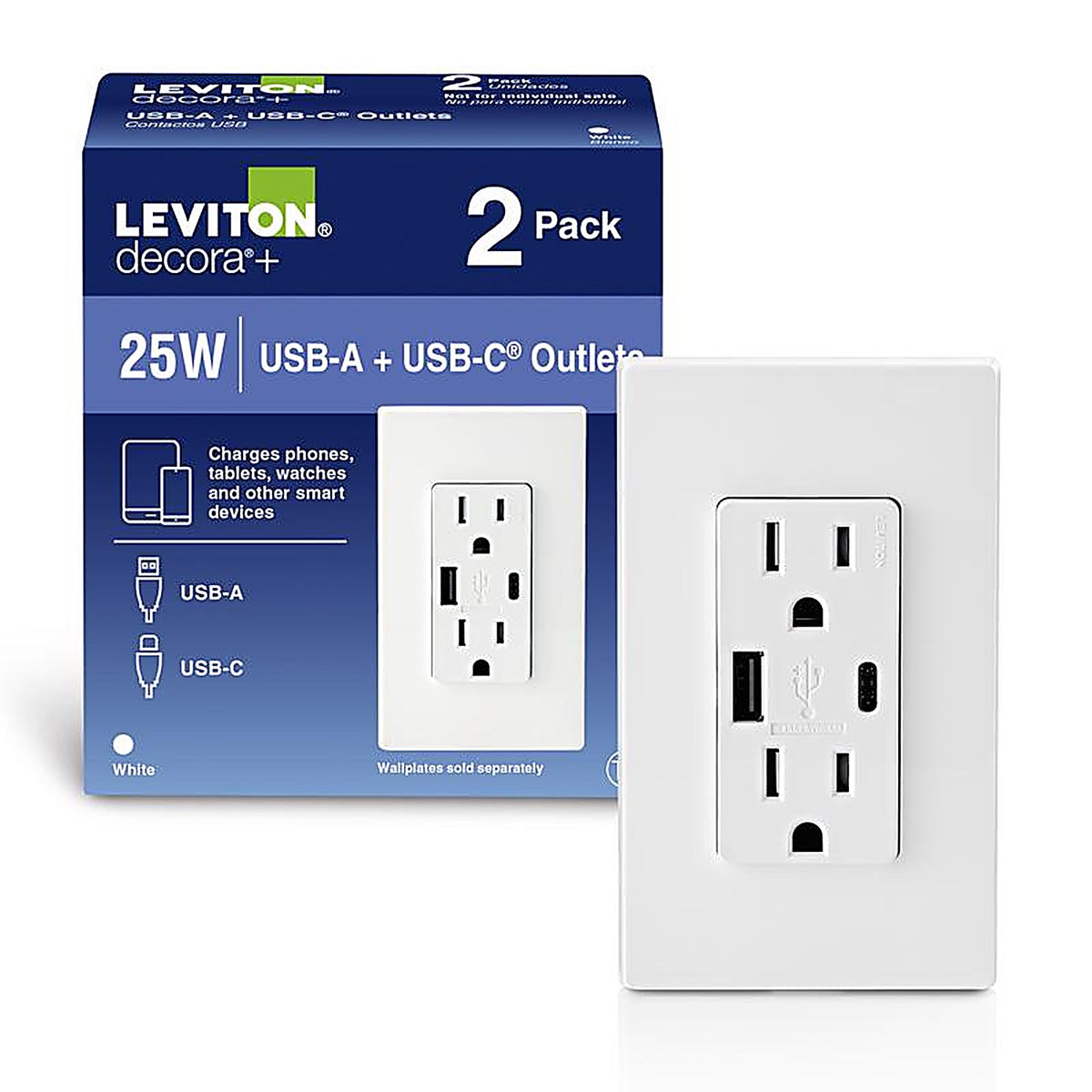 Leviton - T5633-2BW - Decora 15 amps Duplex, Type A, Type C White Outlet and USB Charger 5-15 R - 2/Pack