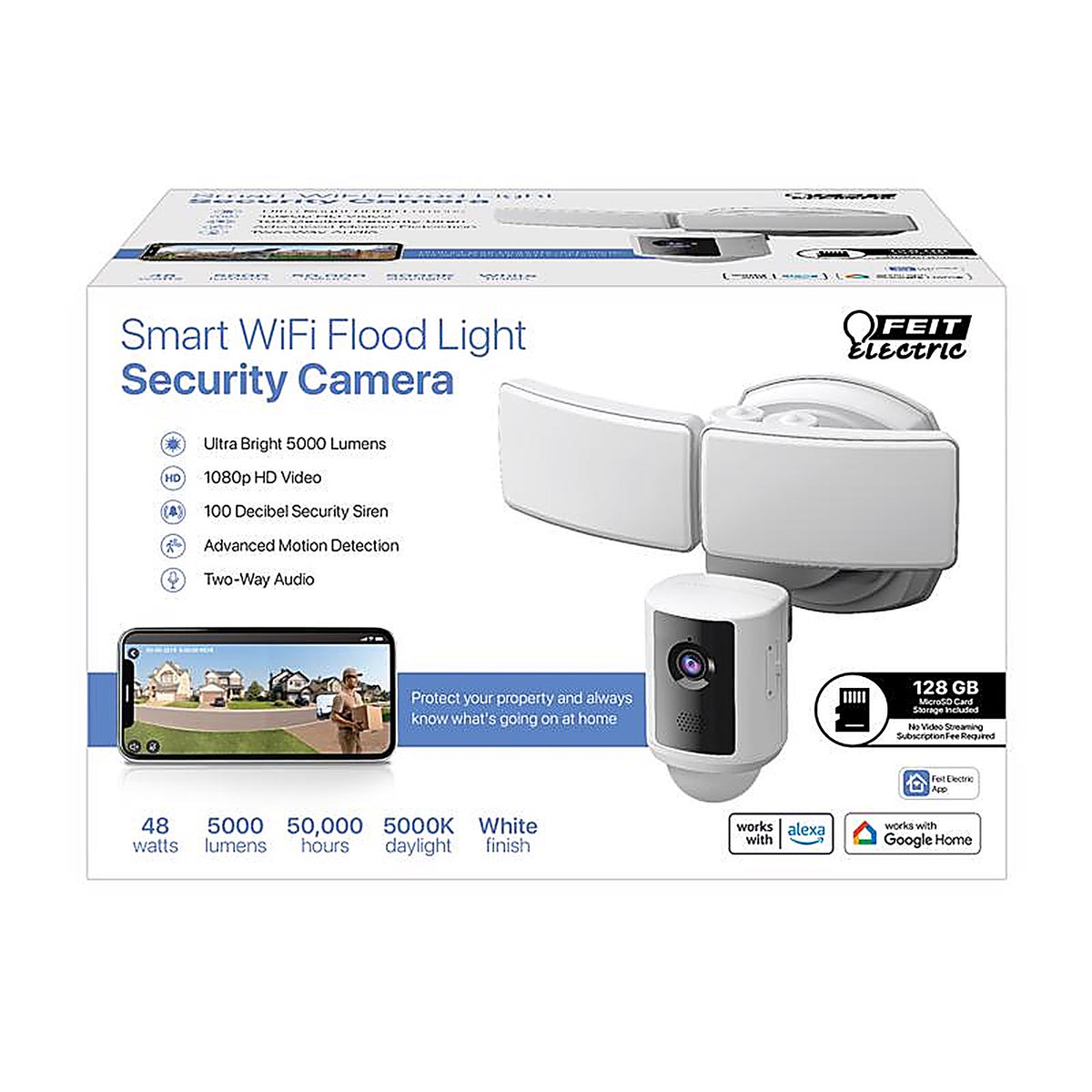 Feit Electric - SEC3000CAMWIFI - Motion-Sensing Hardwired White Security Light with Video Camera