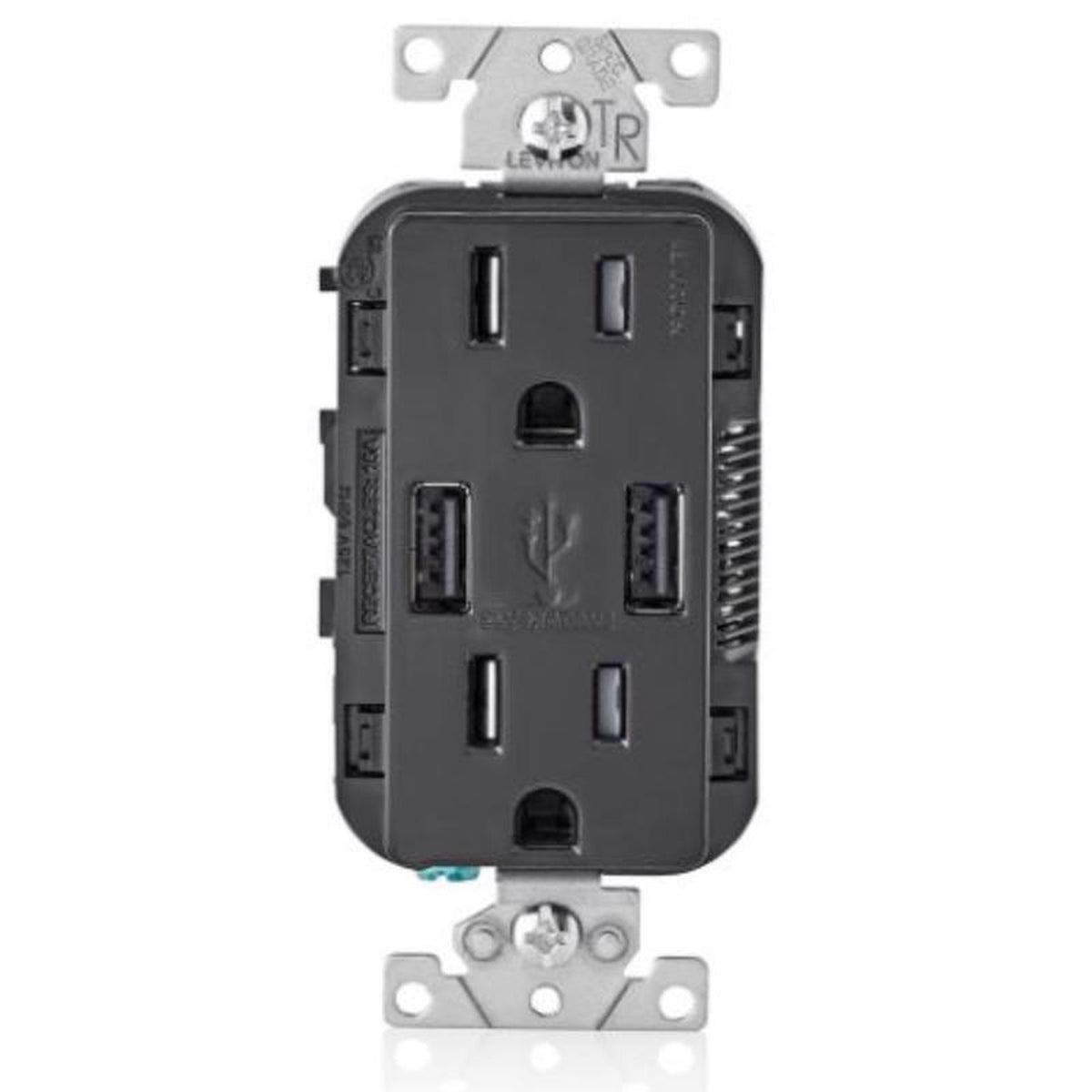 Leviton - R05-T5632-0BE - Decora 15 amps 125 volt Duplex Black Outlet and USB Charger 5-15R - 1/Pack