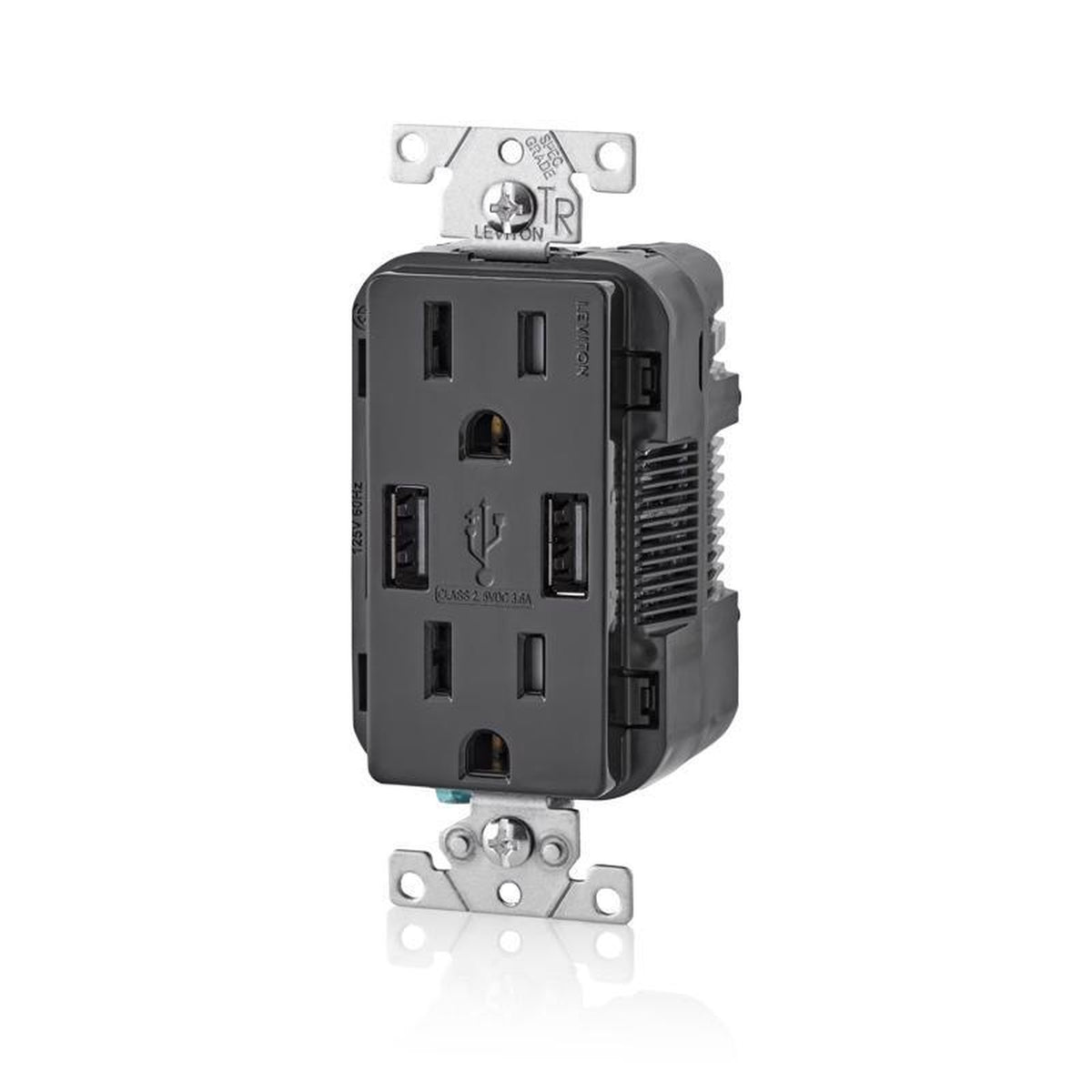 Leviton - R05-T5632-0BE - Decora 15 amps 125 volt Duplex Black Outlet and USB Charger 5-15R - 1/Pack