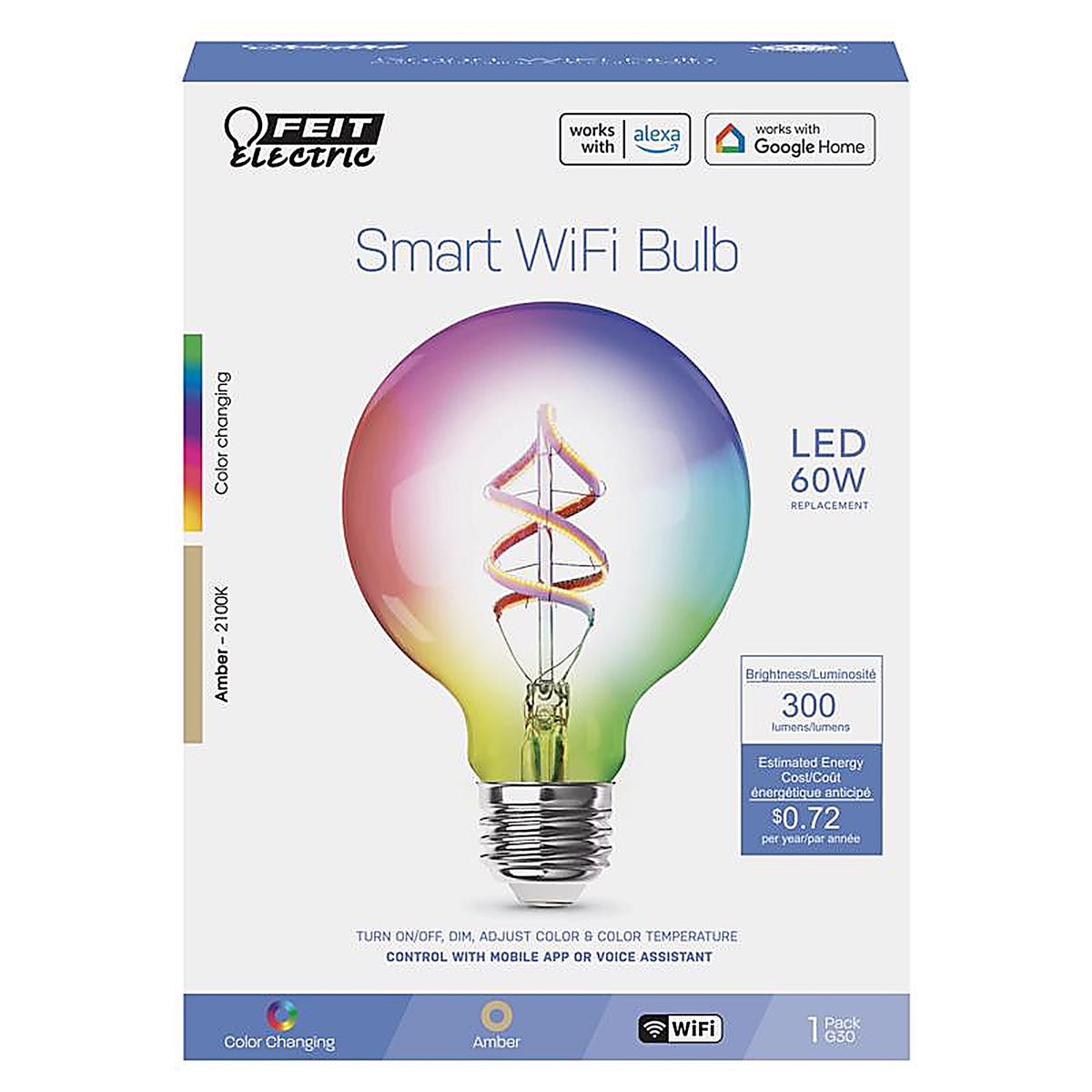 Feit Electric - G3060/RGBWFILAG - G30 E26 (Medium) LED Smart Bulb Color Changing 60 W 1 pk
