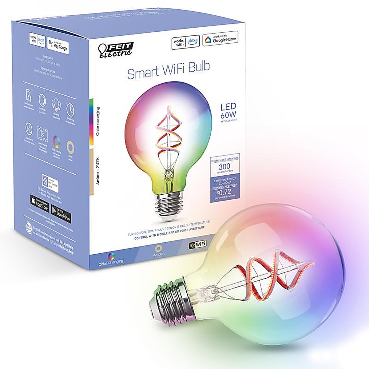 Feit Electric - G3060/RGBWFILAG - G30 E26 (Medium) LED Smart Bulb Color Changing 60 W 1 pk