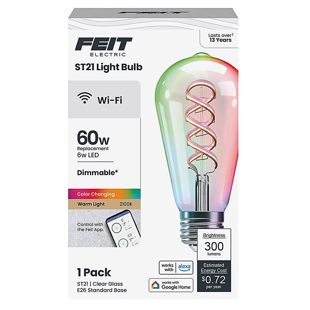 Feit Electric - ST2160RGBWIFIAG - ST21 E26 (Medium) LED Smart Bulb Amber 60 Watt Equivalence 1 pk