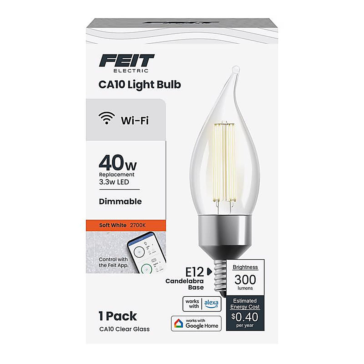 Feit Electric - CFC40927CAFILAG - Flame Tip E12 (Candelabra) LED Smart Bulb Soft White 40 W 1 pk