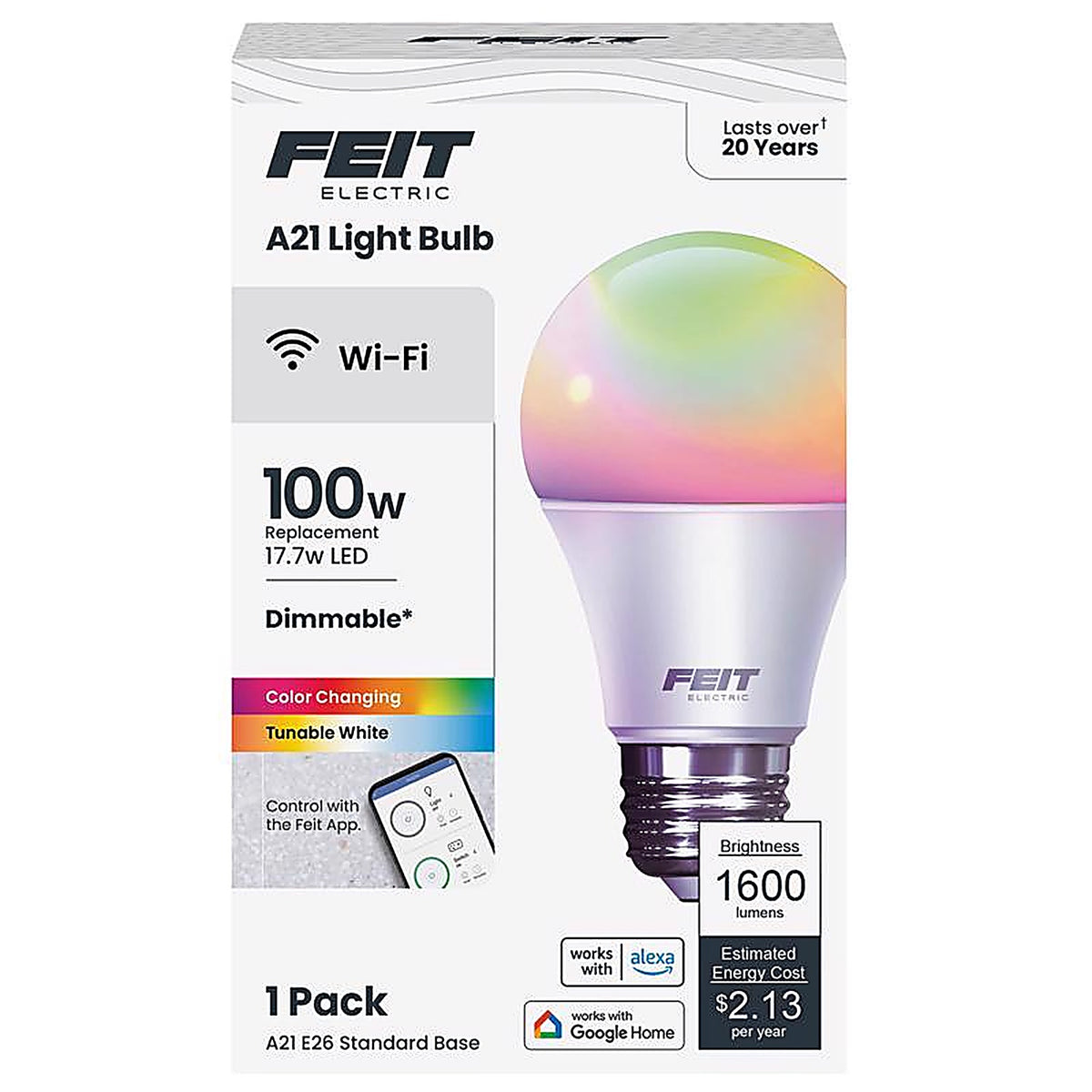 Feit Electric - OM100/RGBWCA/AG - A21 E26 (Medium) LED Smart Bulb Color Changing 100 W 1 pk