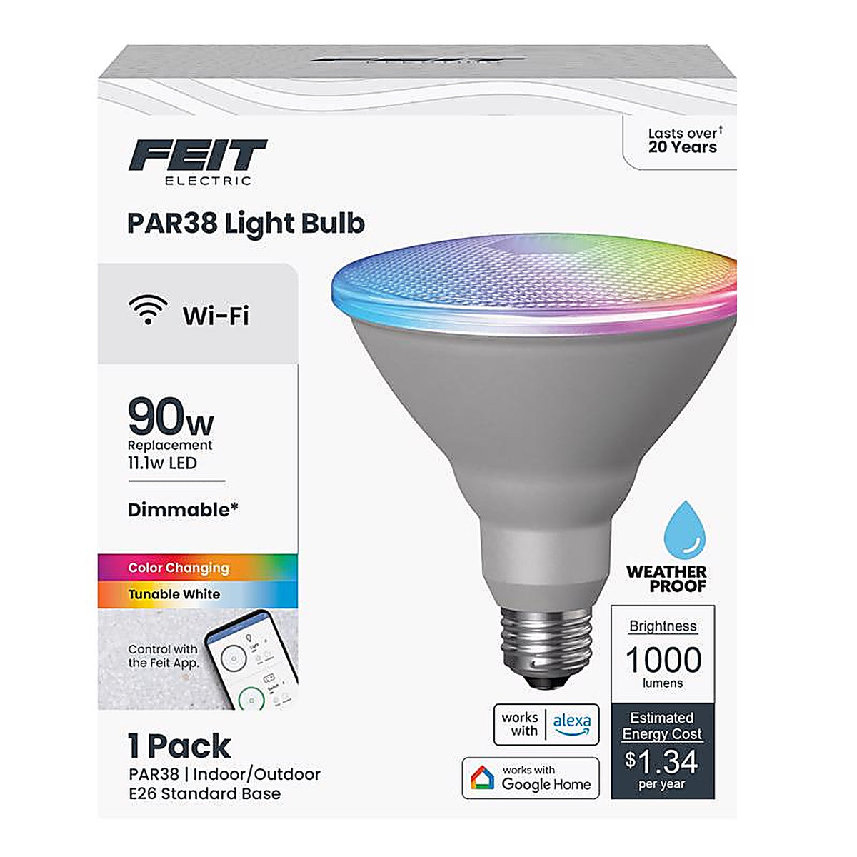 Feit Electric - PAR38/RGBWCA/AG - PAR38 E26 (Medium) LED Smart Bulb Color Changing 90 W 1 pk