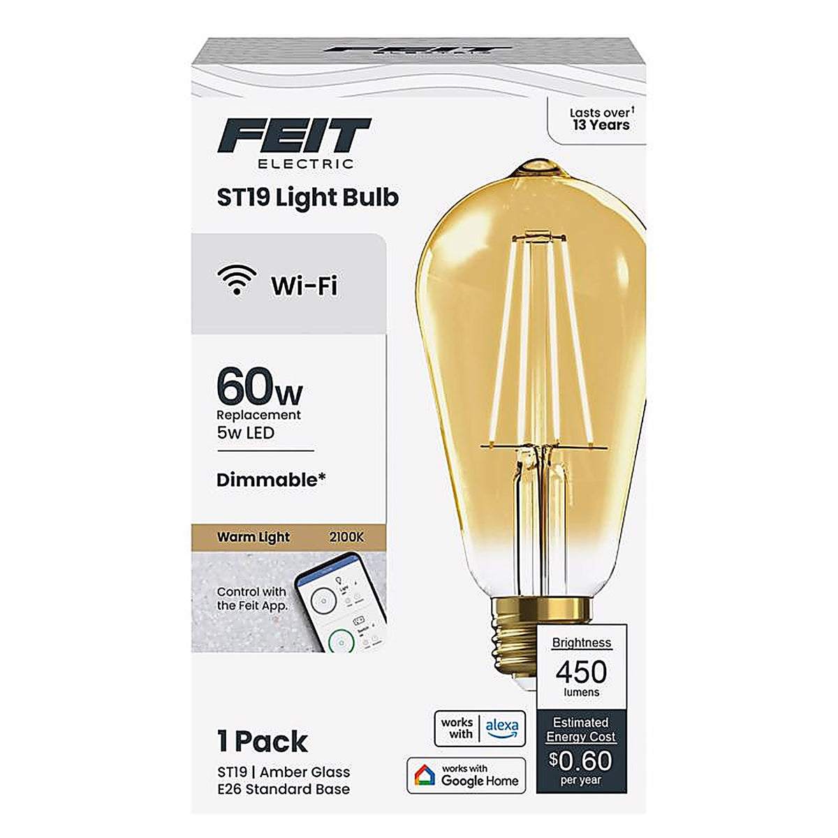 Feit Electric - ST1960/FIL/AG - ST19 E26 (Medium) LED Smart Bulb Amber 60 W 1 pk